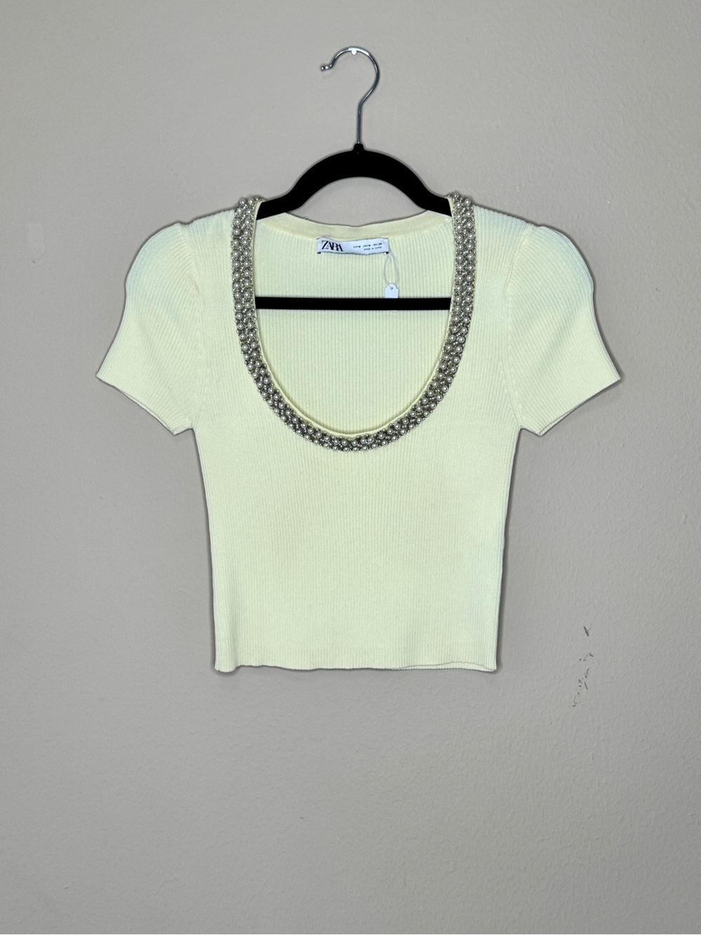 Zara Cream Ribbed Scoop Neck Crop Top with Jeweled Trim